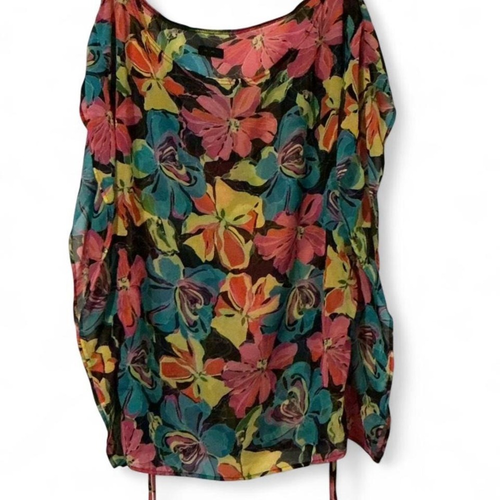 a.m. Floral Tunic‎ Top Womens L Multicolor Excellent Sheer Drawstring Boho